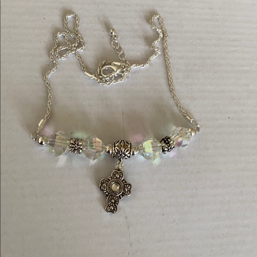 Silver cross with charm necklace